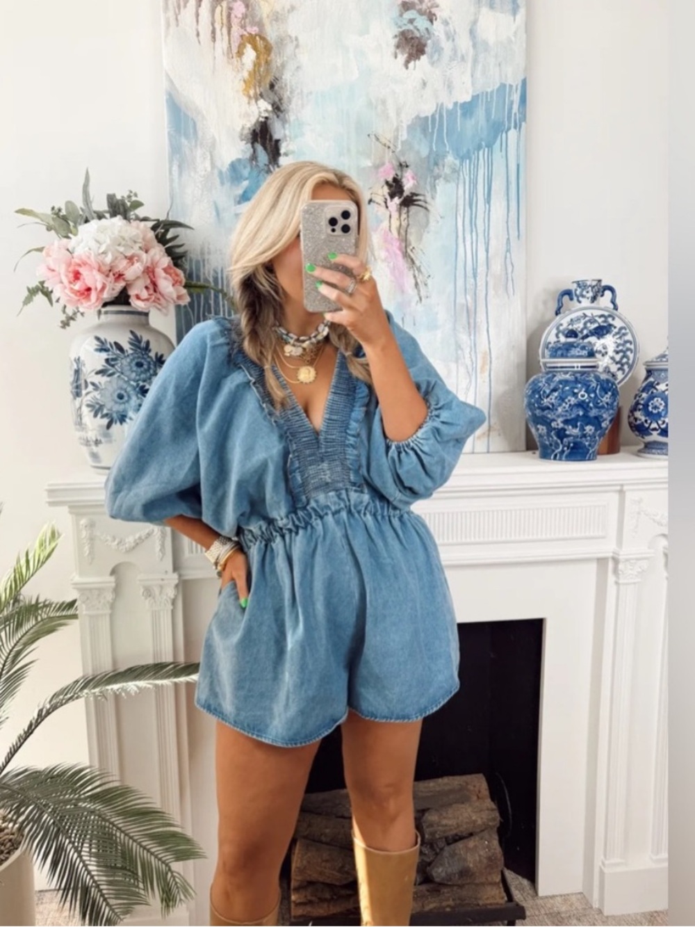 Blue Denim Romper Shorts with V-Neck and Elastic Waist